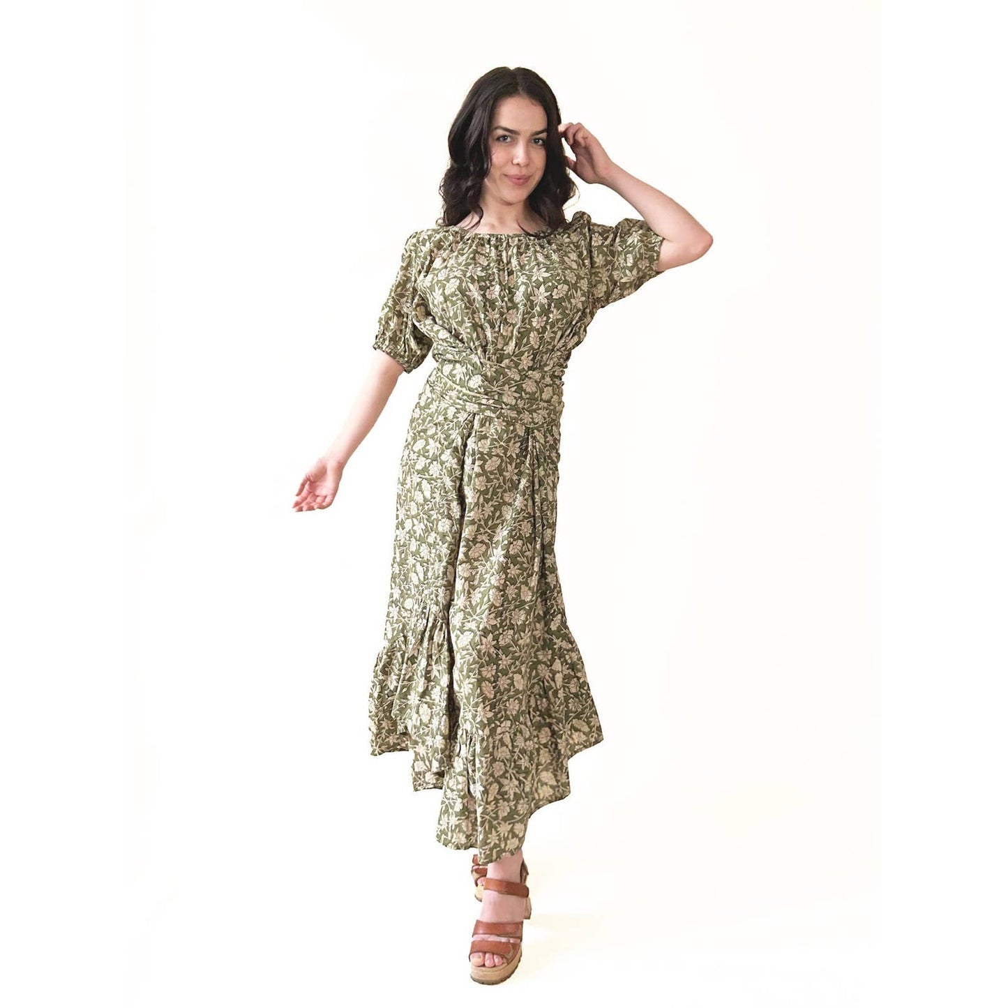 Block Print Puff Sleeve Long Green Maxi Dress
