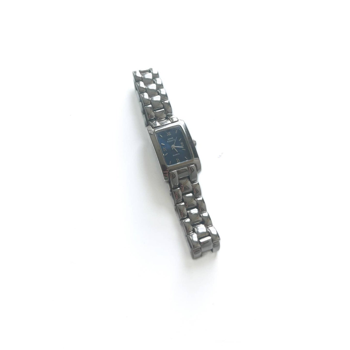 Silver Rectangular Watch with Navy Face