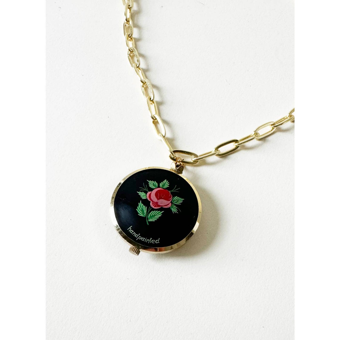 Watch Hand Painted Black Flower Charm Necklace | 925 Gold Vermeil Chain