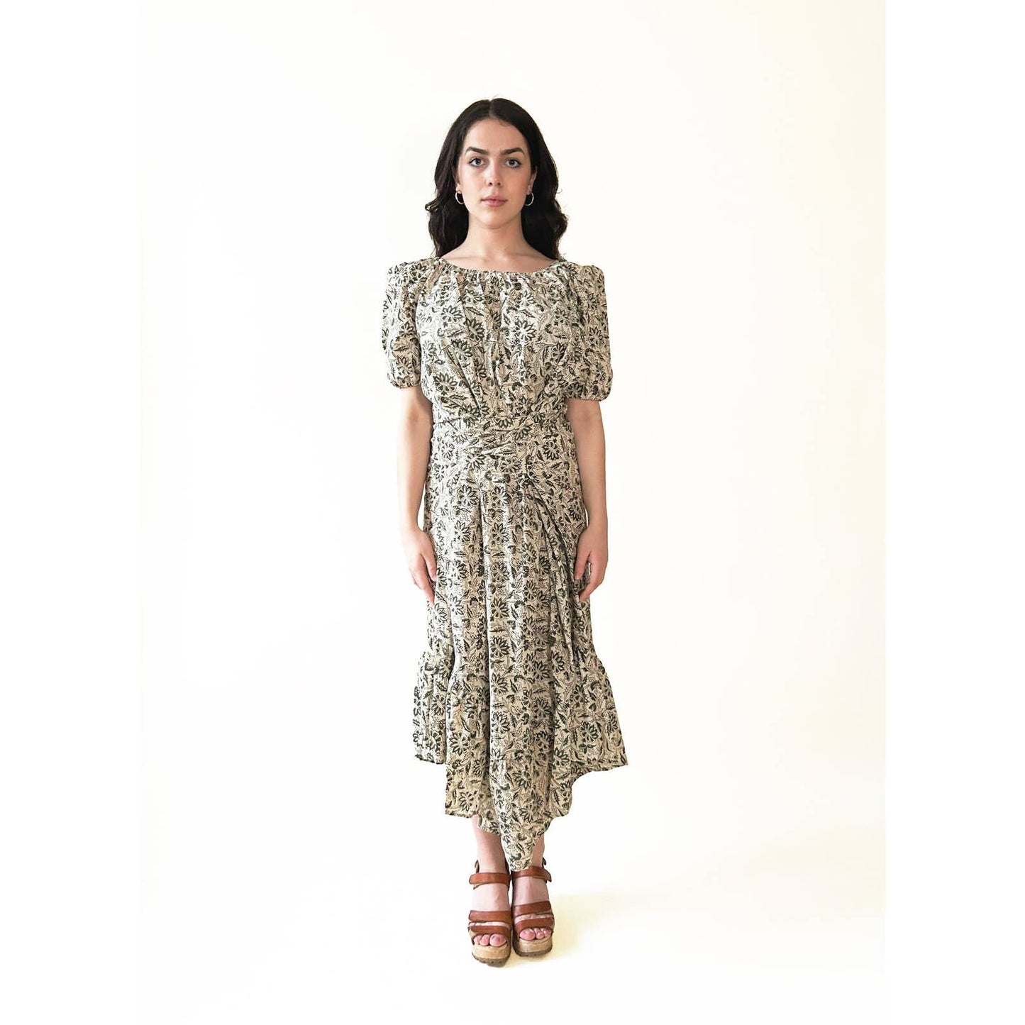 Block Print Puff Sleeve Long Green Maxi Dress