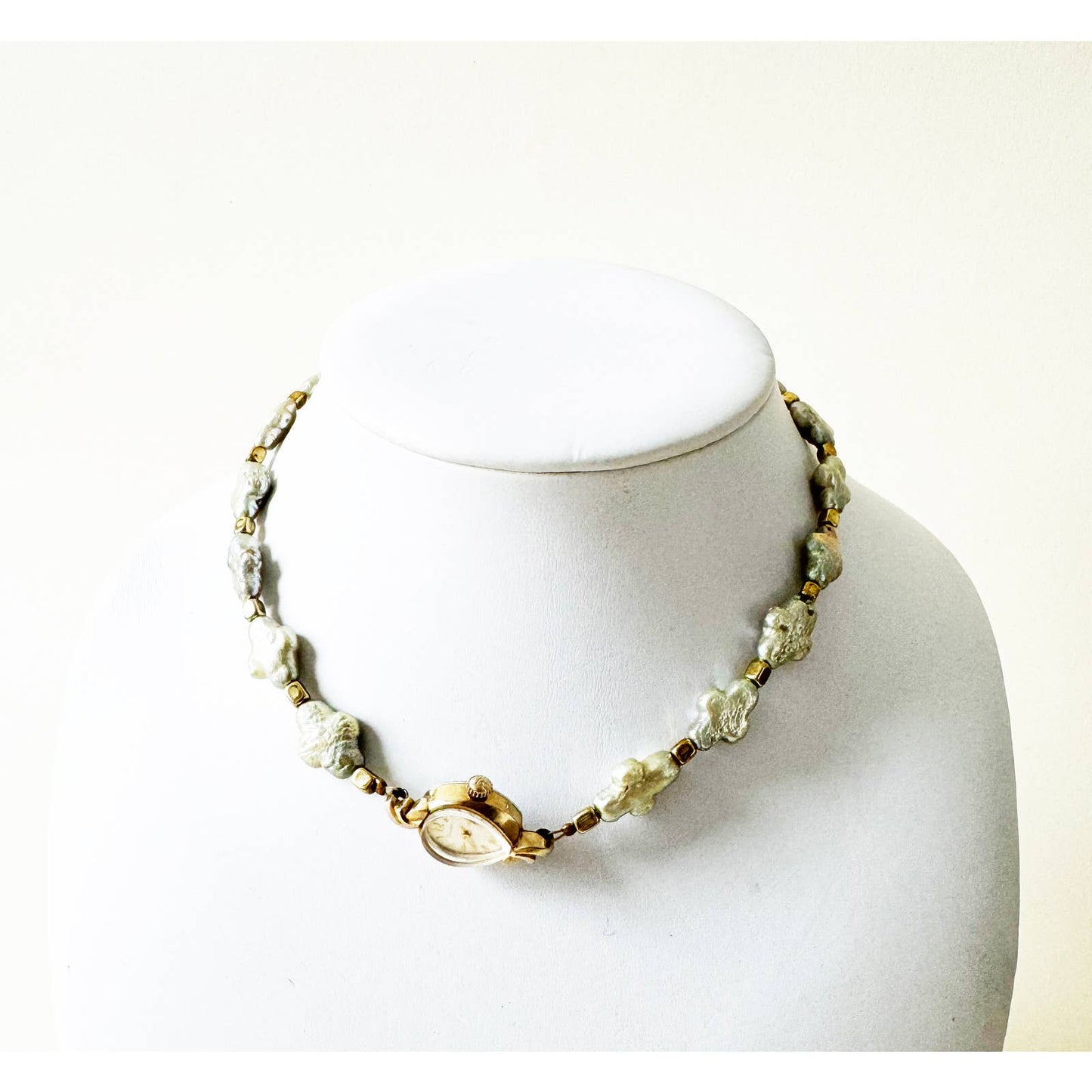 Watch Necklace | Vintage One of a Kind Watch Choker with Green Pearls Details | 10k Gold