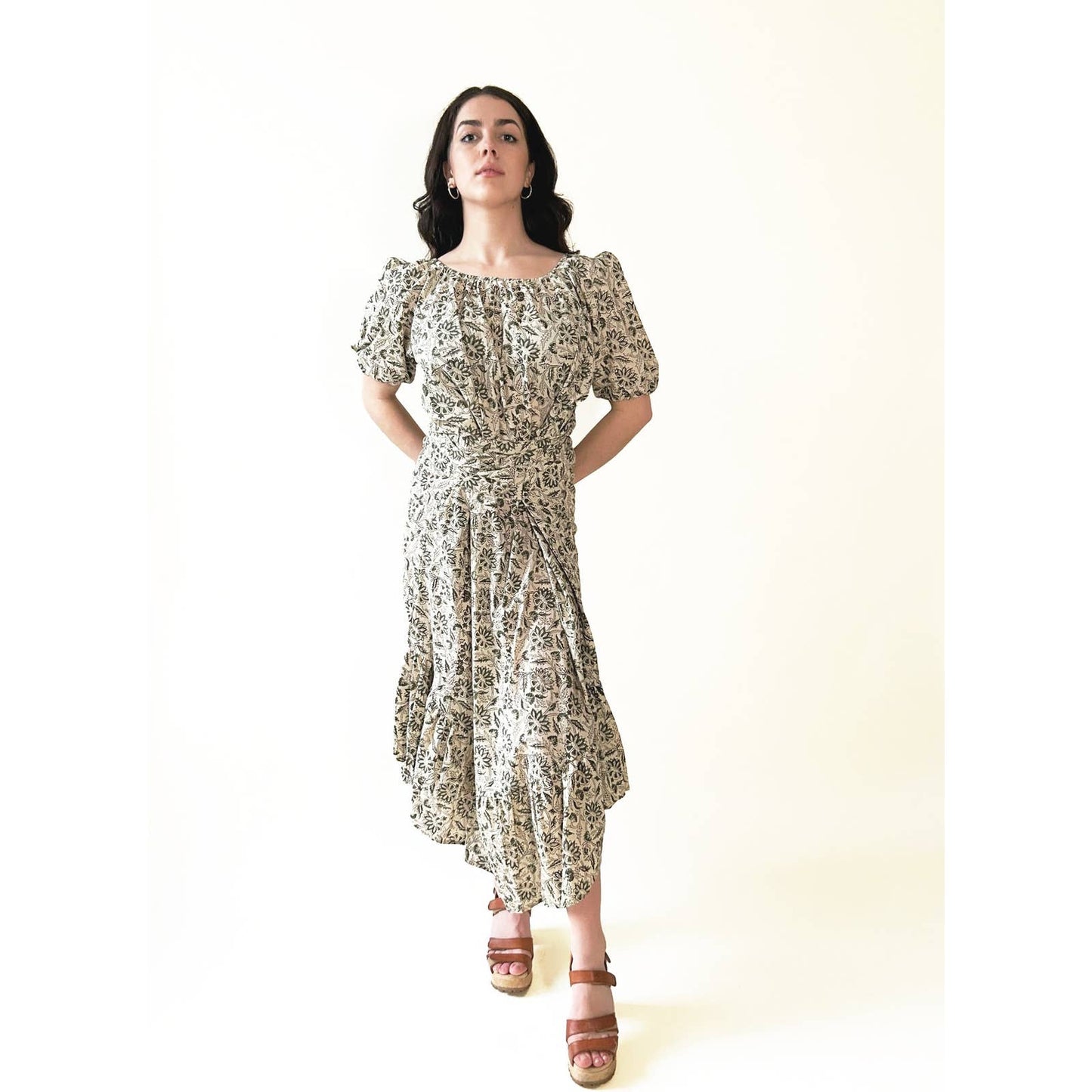 Block Print Puff Sleeve Long Green Maxi Dress