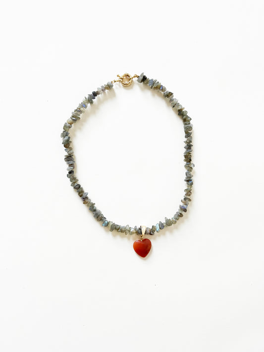 Handmade Quartz Labradorite Stone Heart Charm Necklace