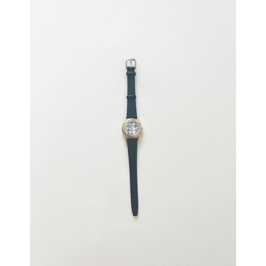 Vintage Colorful Checkered Leather Watch with Gold and Silver