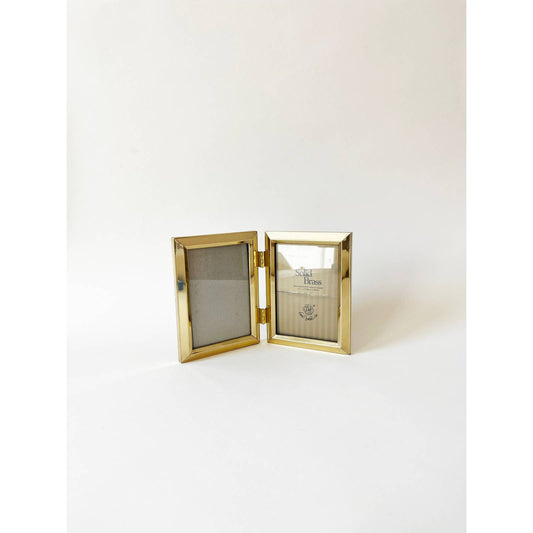 Vintage Small Brass Thick Edge Standing Double Frame 3 x 5 Picture
