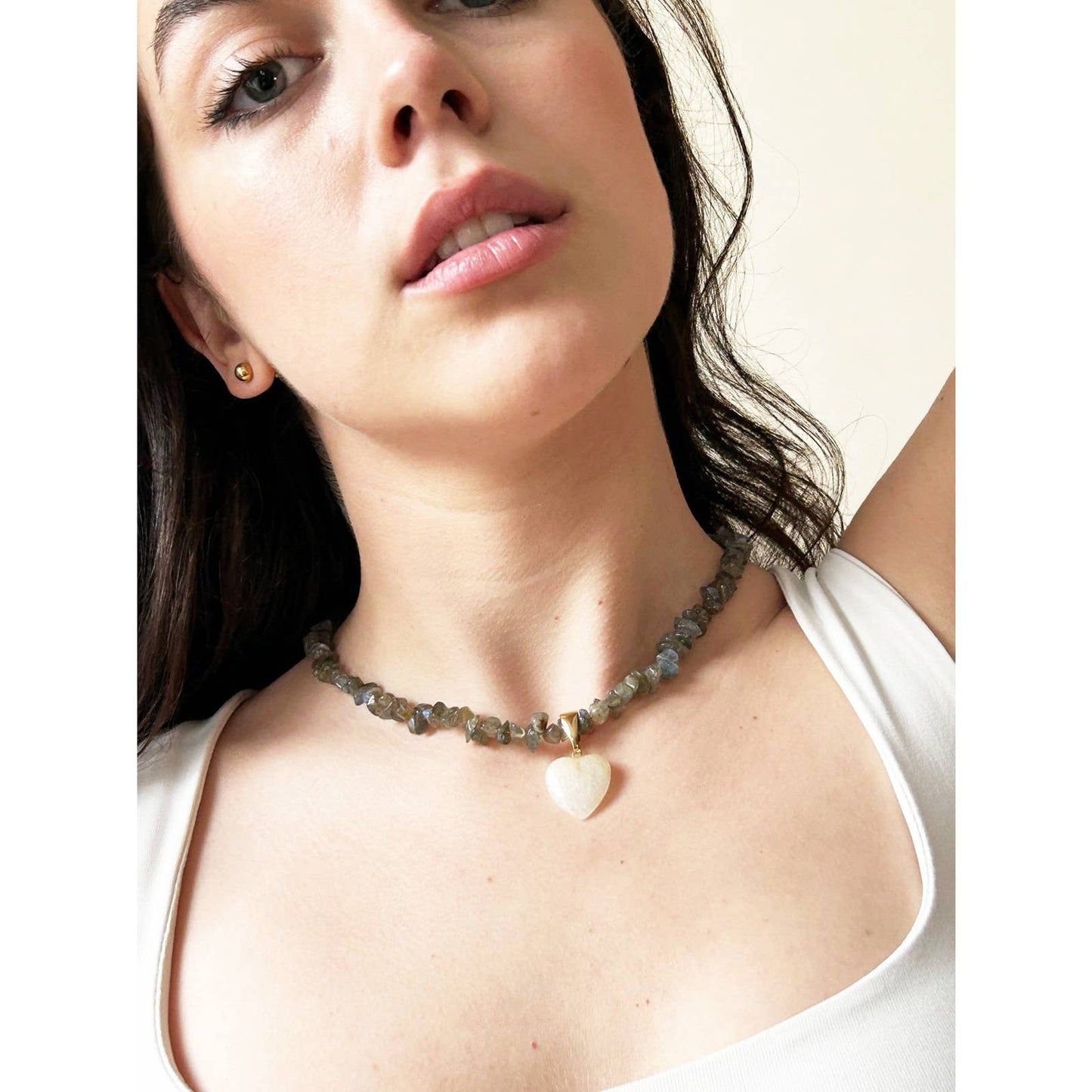 Handmade Quartz Labradorite Stone Heart Charm Necklace