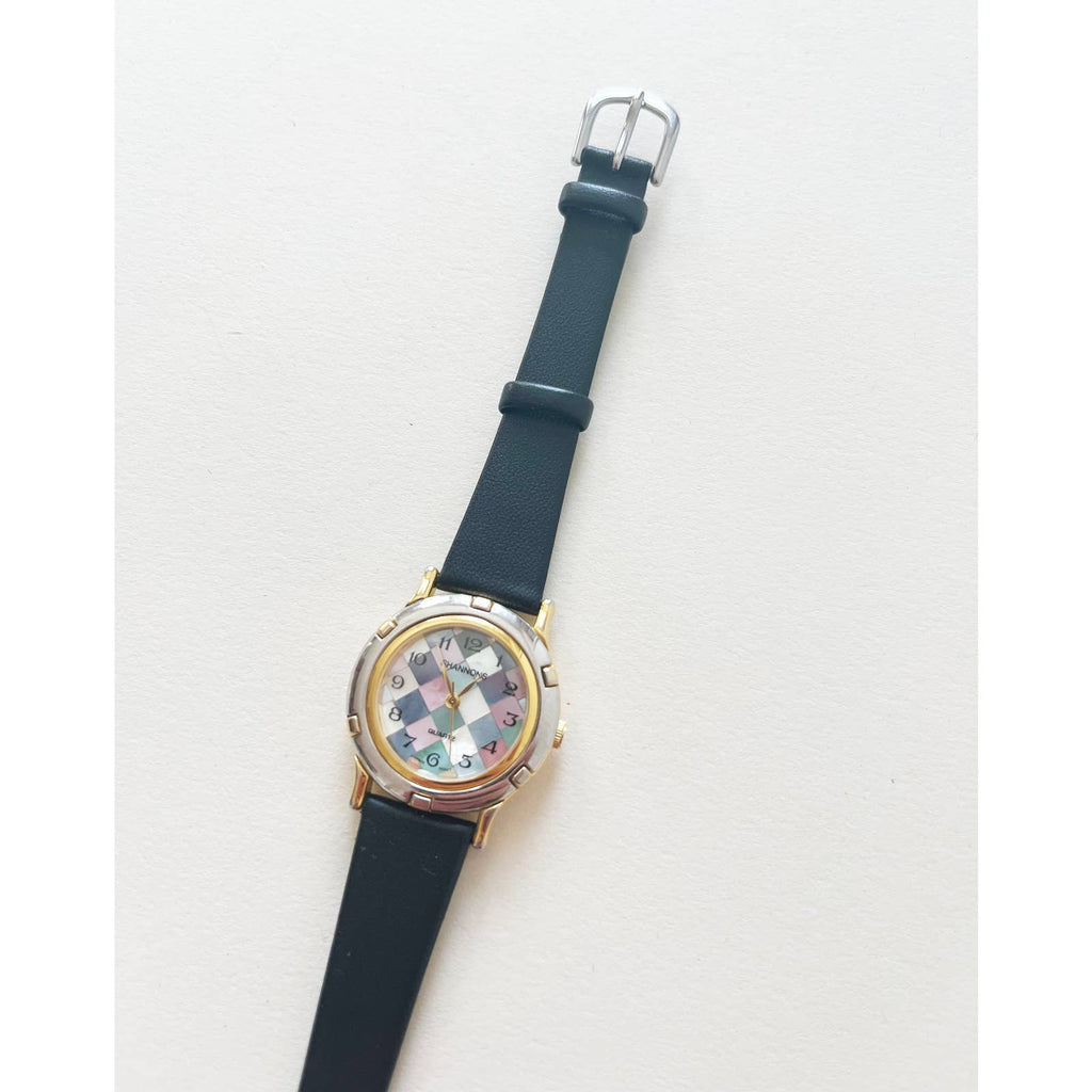 Vintage Colorful Checkered Leather Watch with Gold and Silver