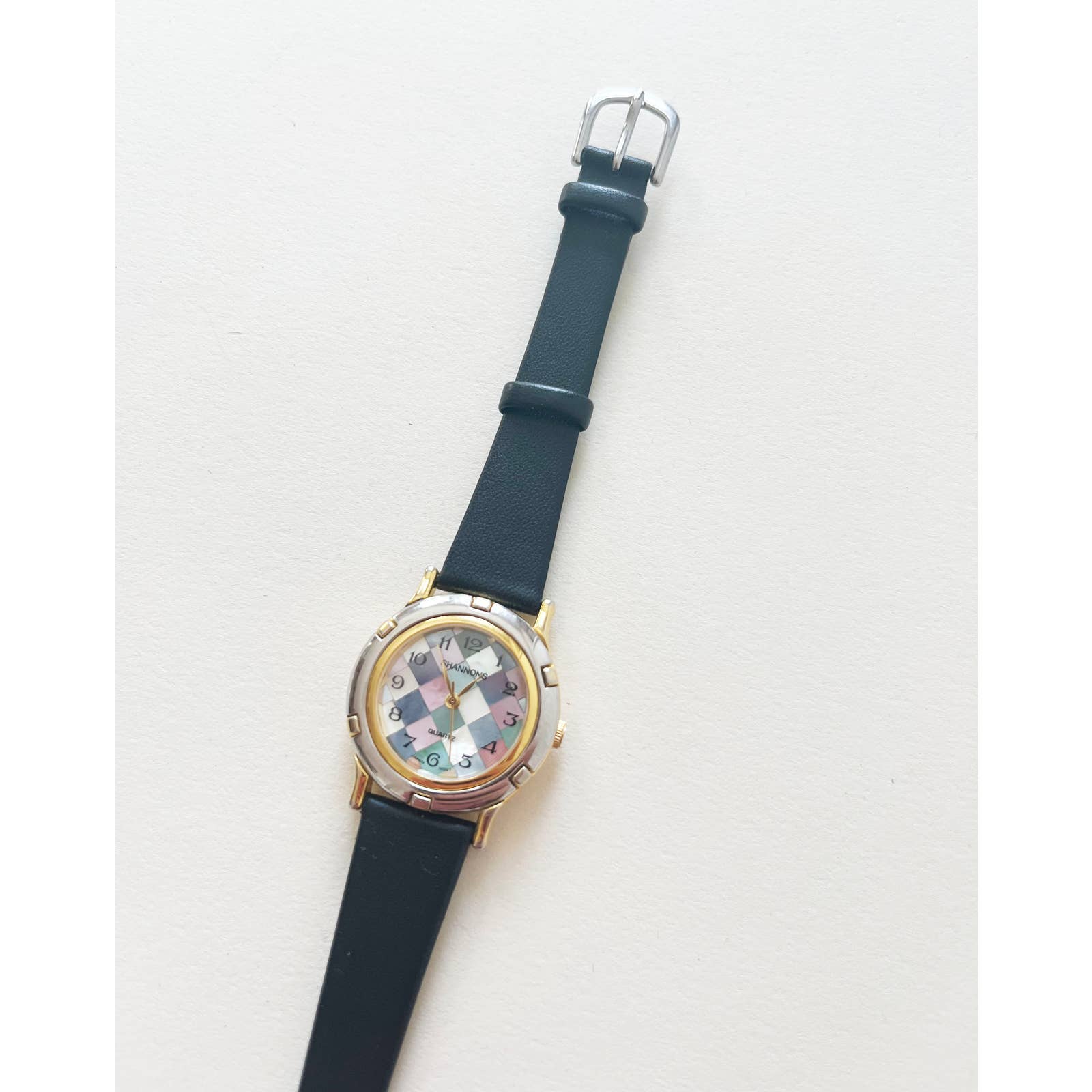 Vintage Colorful Checkered Leather Watch with Gold and Silver