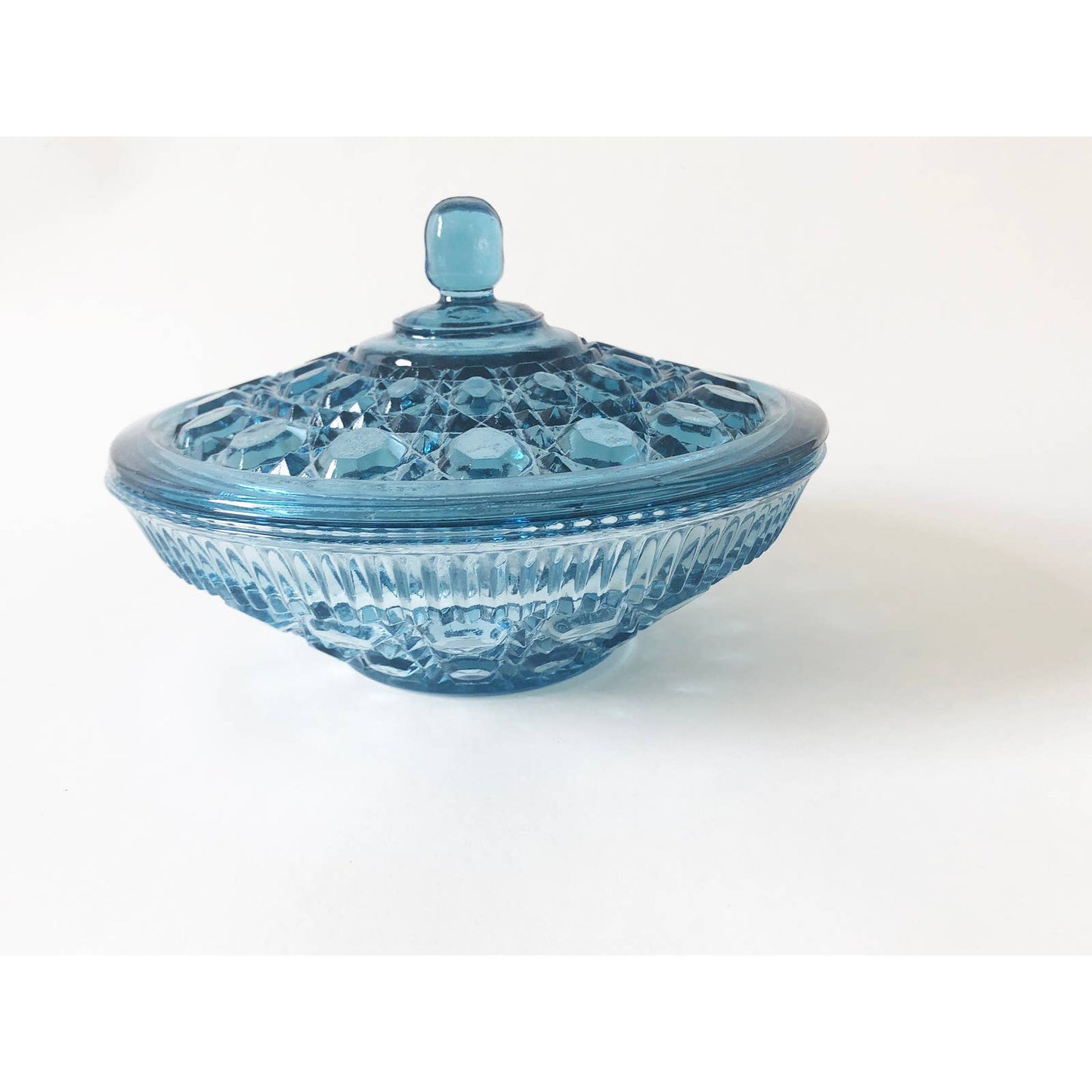 Vintage Light Blue Pressed Glass Catchall Bowl with Lid