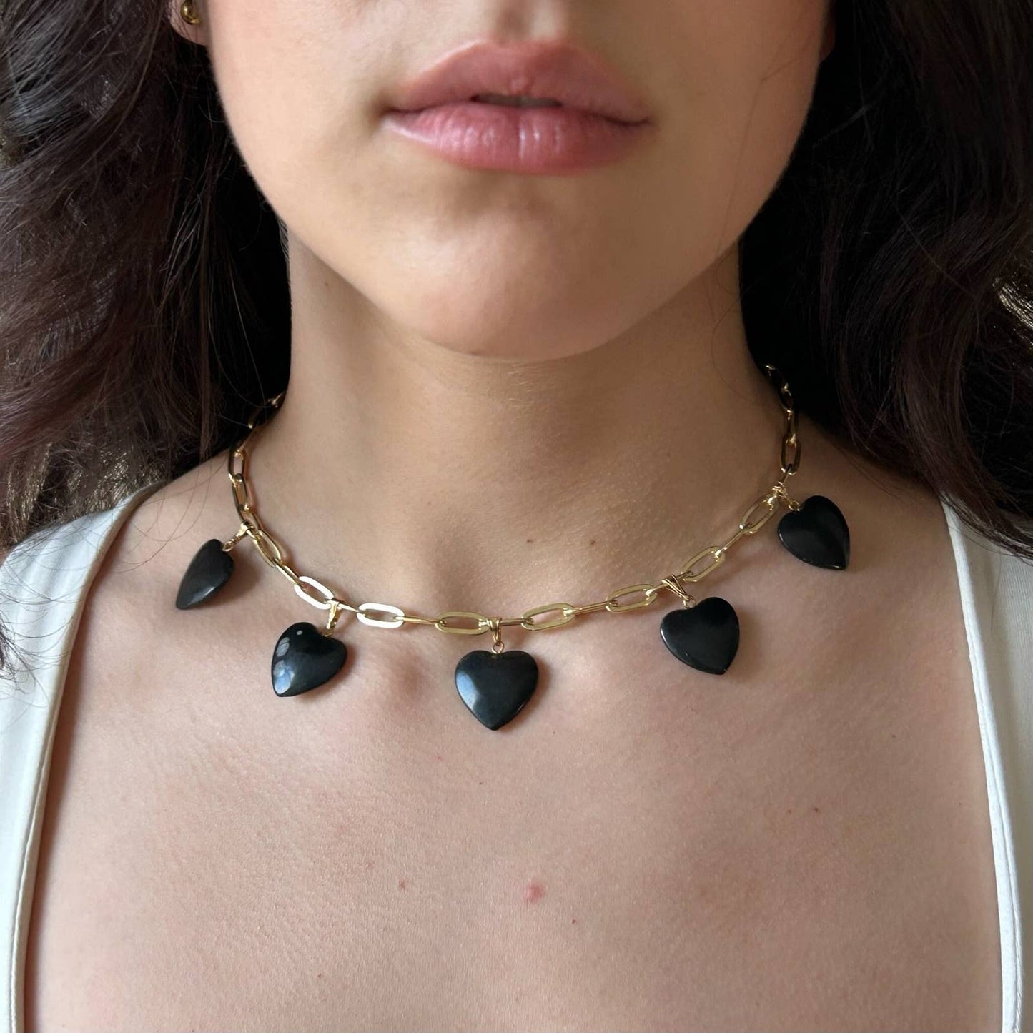 Handmade Heart Charm Necklace - Black Onyx Stones