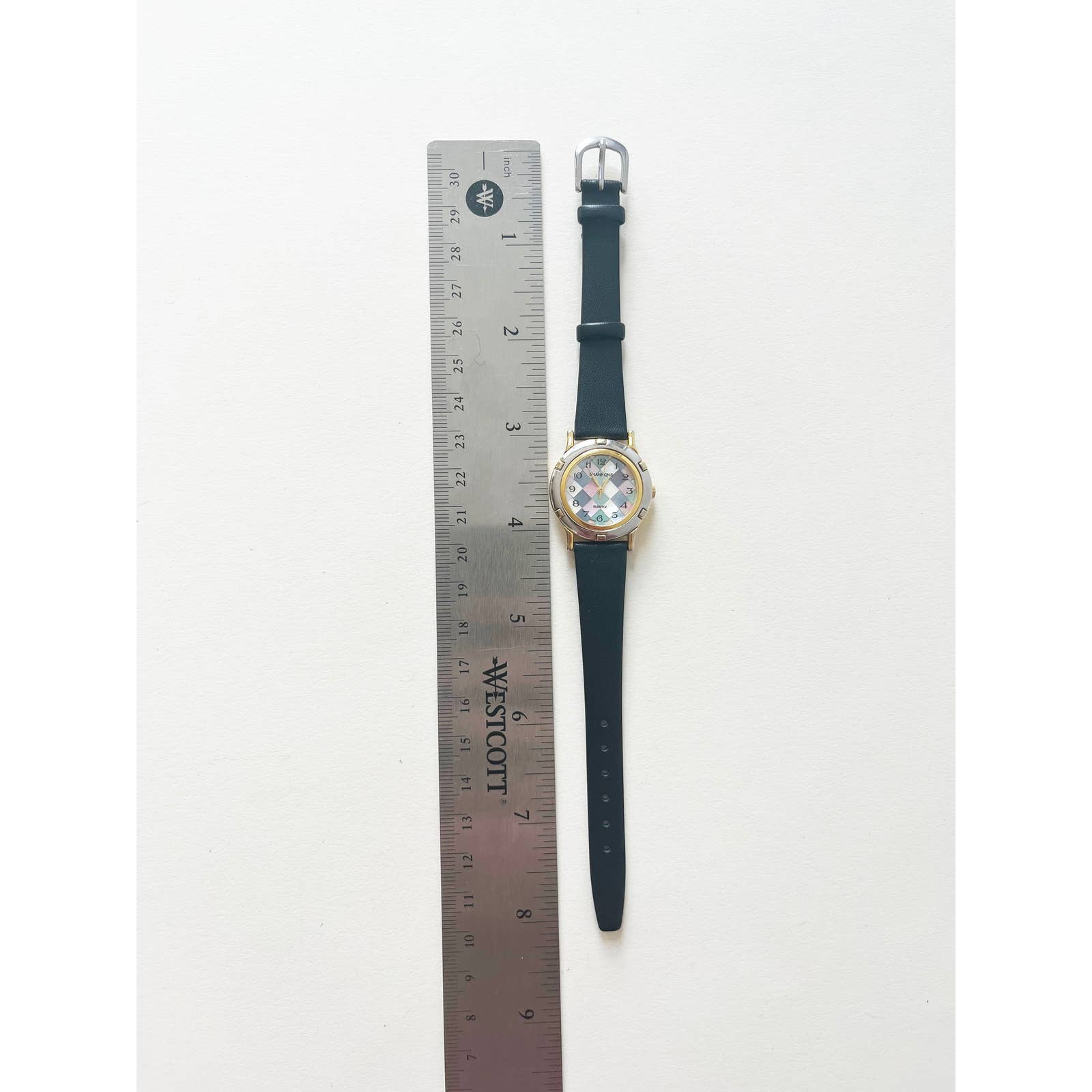 Vintage Colorful Checkered Leather Watch with Gold and Silver