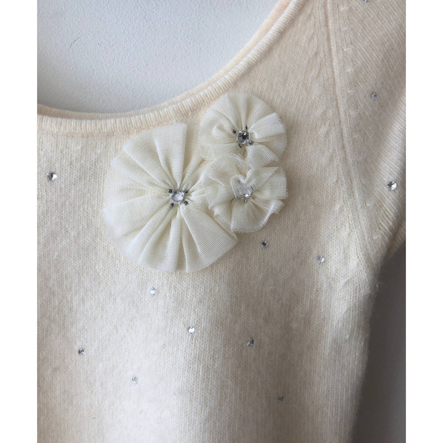 Vintage Angora White Y2K Sweater Top with Flowers