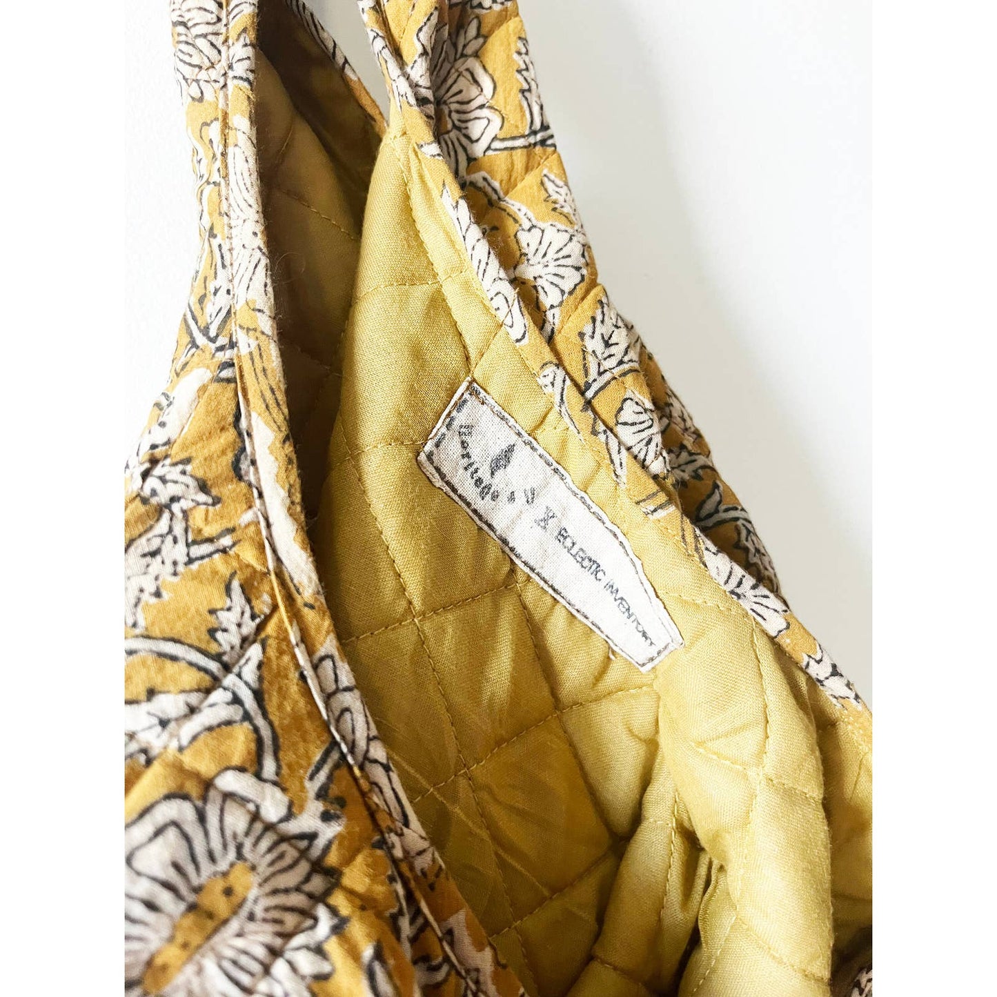 Yellow Floral Boho Print Quilted Mini Grocery Bag