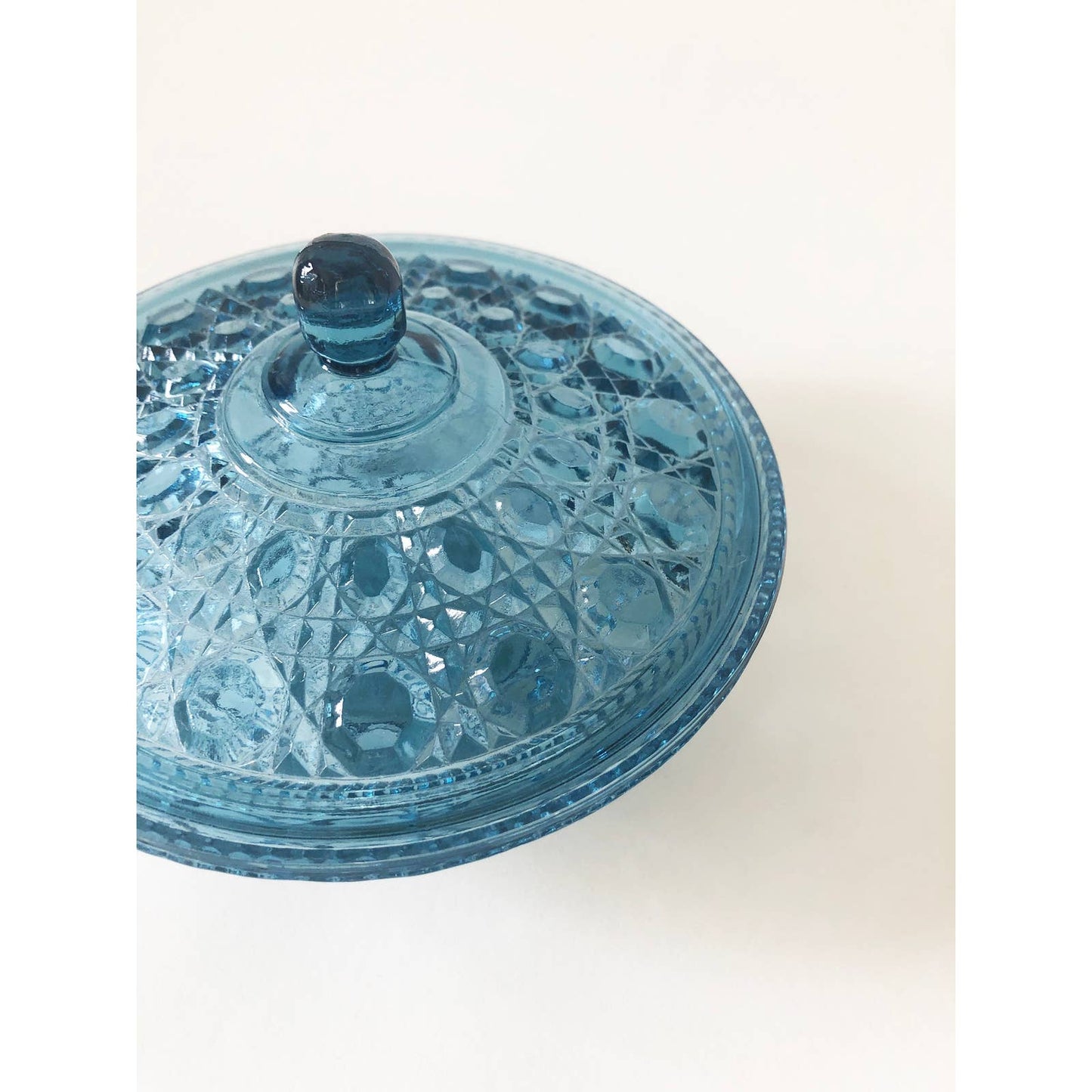 Vintage Light Blue Pressed Glass Catchall Bowl with Lid