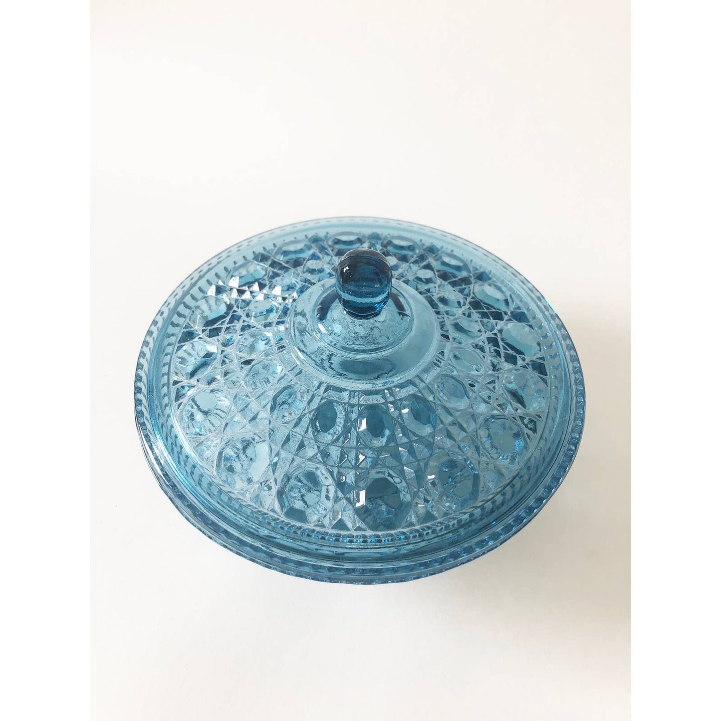 Vintage Light Blue Pressed Glass Catchall Bowl with Lid