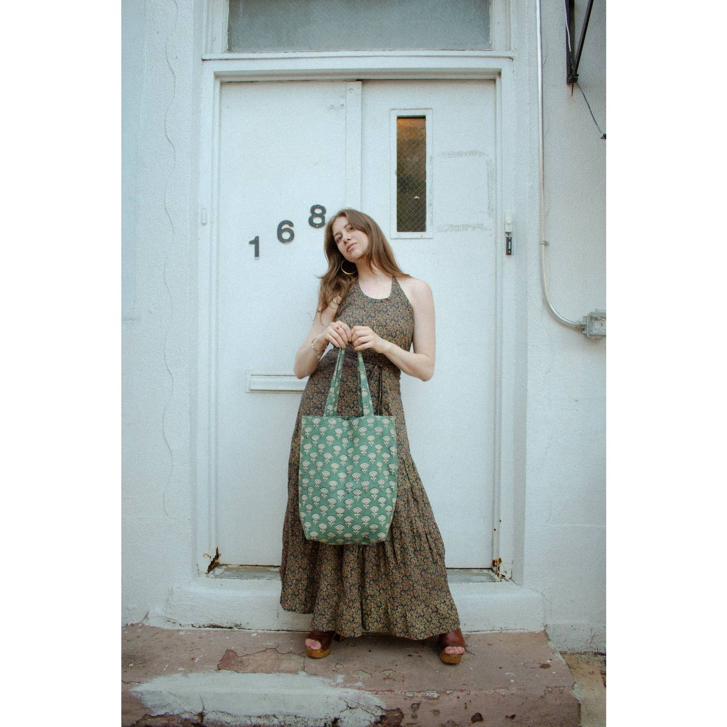 Green Flower Boho Print Tote Bag