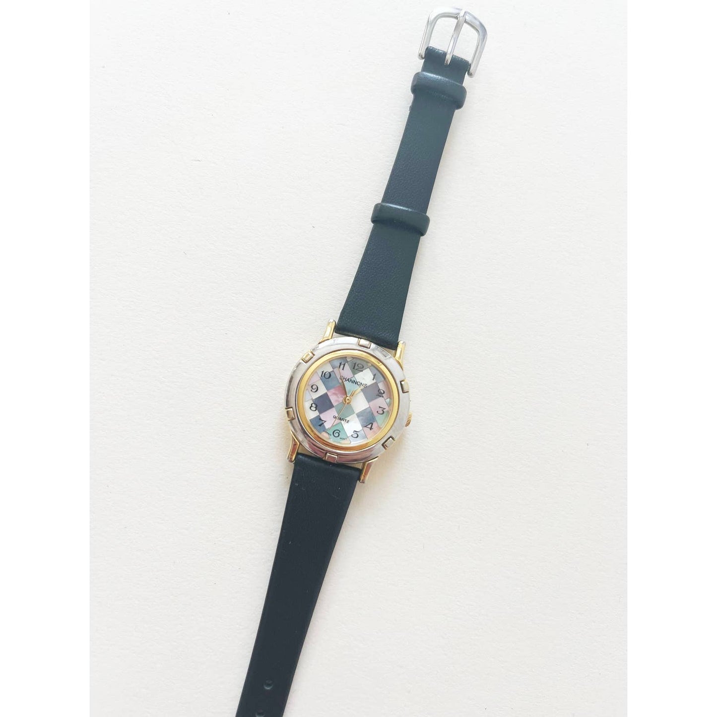 Vintage Colorful Checkered Leather Watch with Gold and Silver
