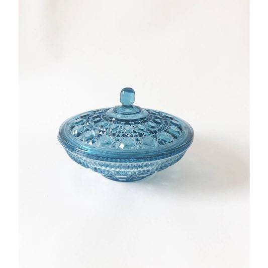 Vintage Light Blue Pressed Glass Catchall Bowl with Lid