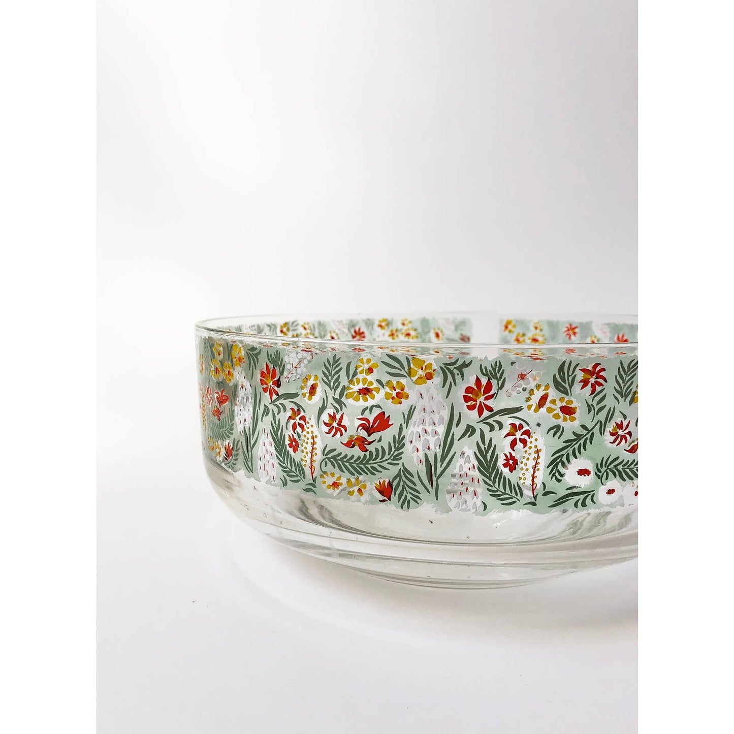 Hand Painted Fun Floral Mid Century Glass Decorative Large Bowl