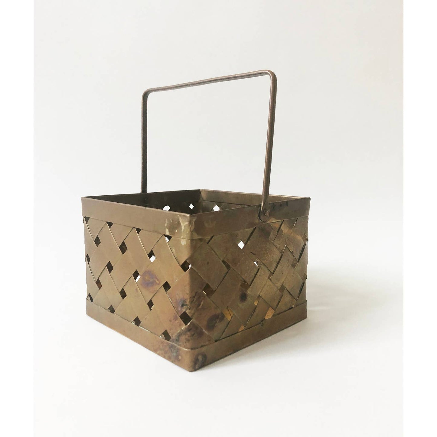 Vintage Decorative Small Woven Brass Basket Decor Storage