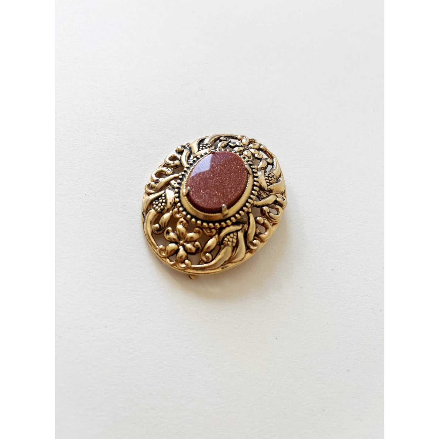 Vintage Large Orange Goldstone Classic Brooch | 90s Gold Jewelry