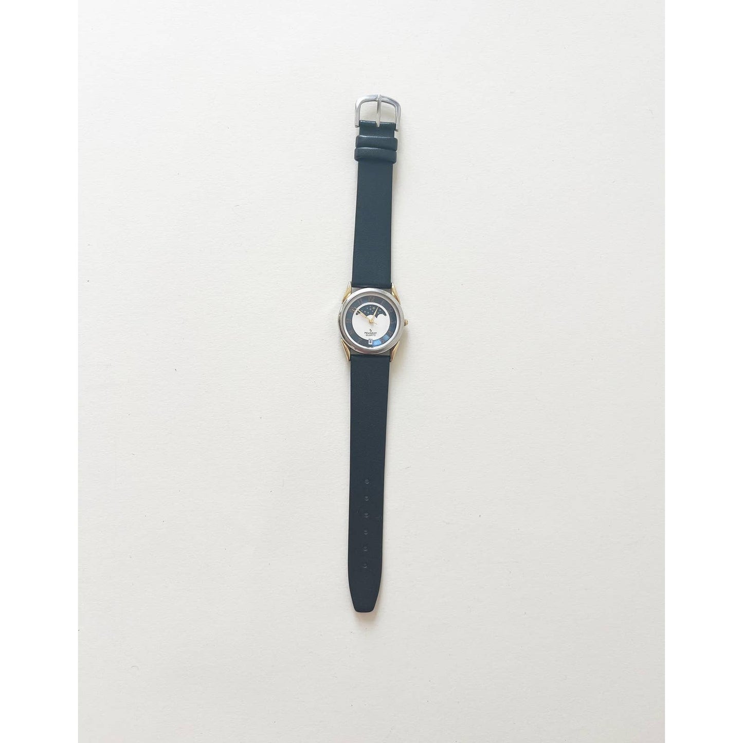 Vintage Leather Strap Peugeot Quartz Watch Moon