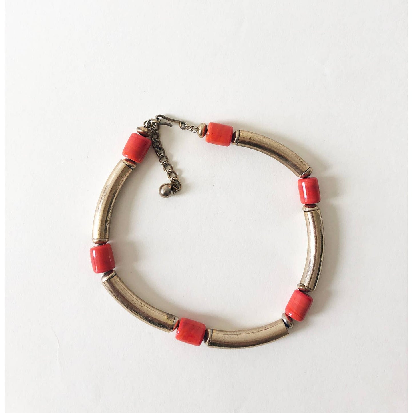 Vintage Chunky Choker Necklace with Brass and Orange Beads