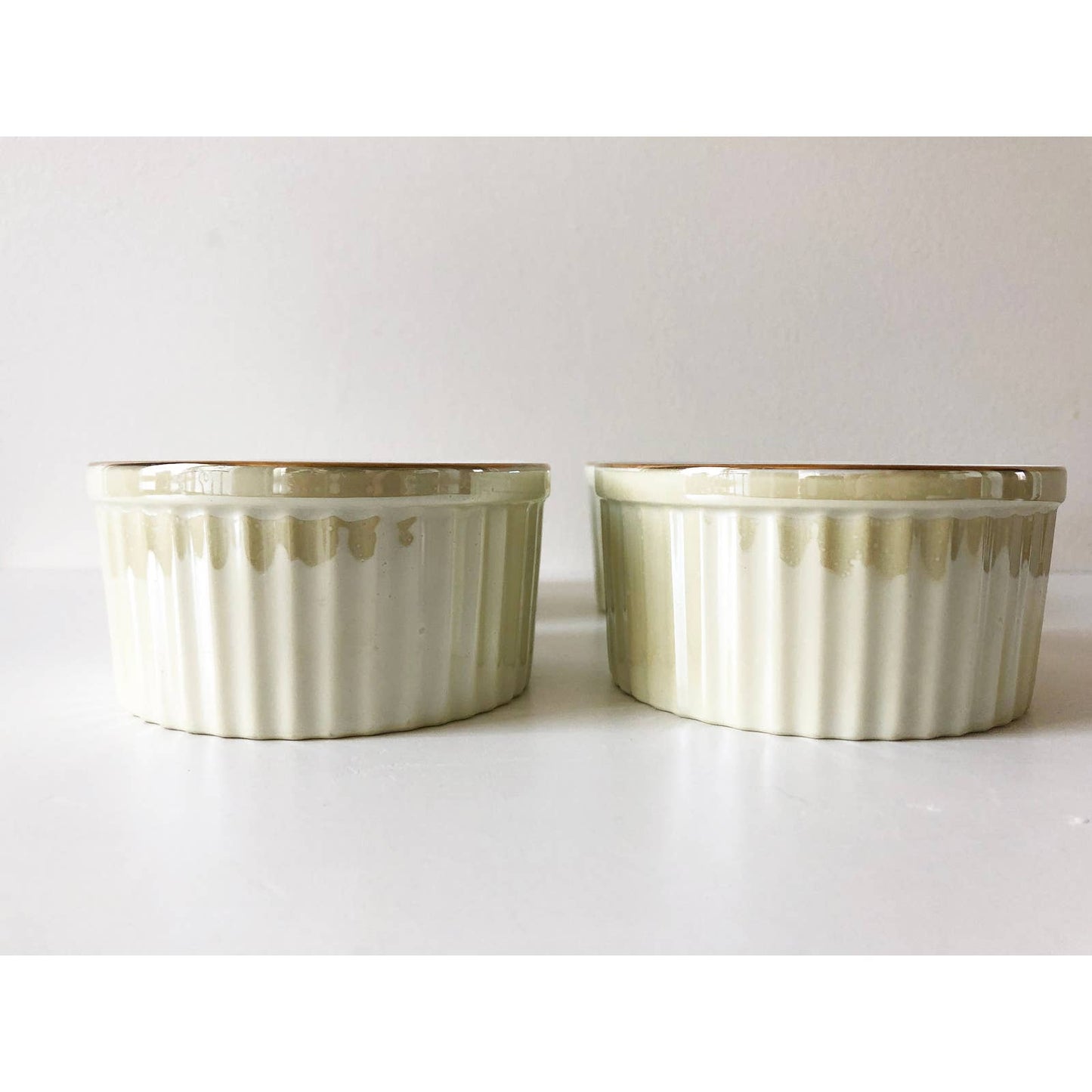 Four French Vintage White Cream Porcelain Ribbed Custard Cups | Metallic and Gold Desert Cups | Japanese Ceramics | William Sonoma