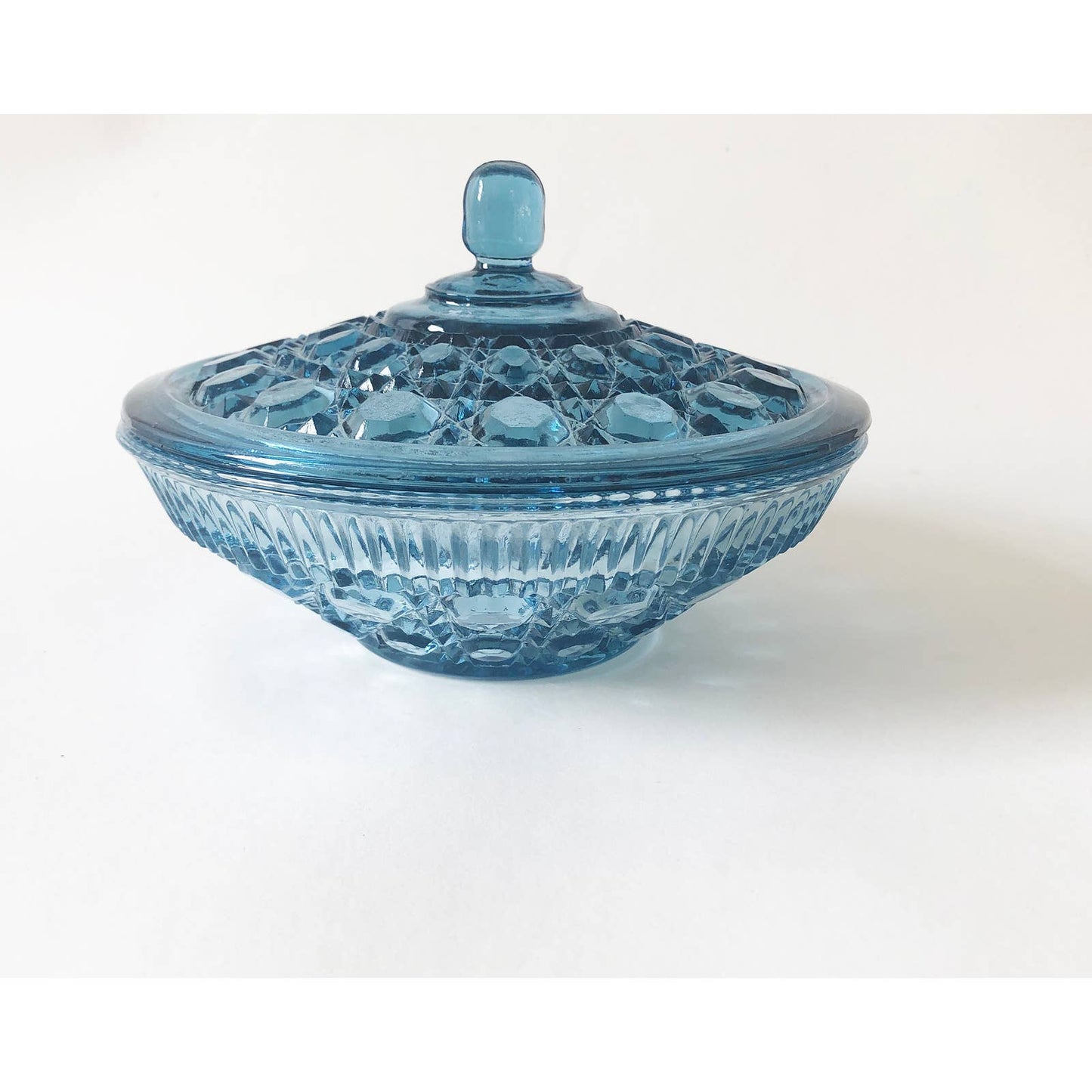 Vintage Light Blue Pressed Glass Catchall Bowl with Lid