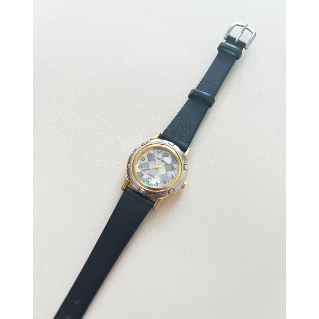 Vintage Colorful Checkered Leather Watch with Gold and Silver