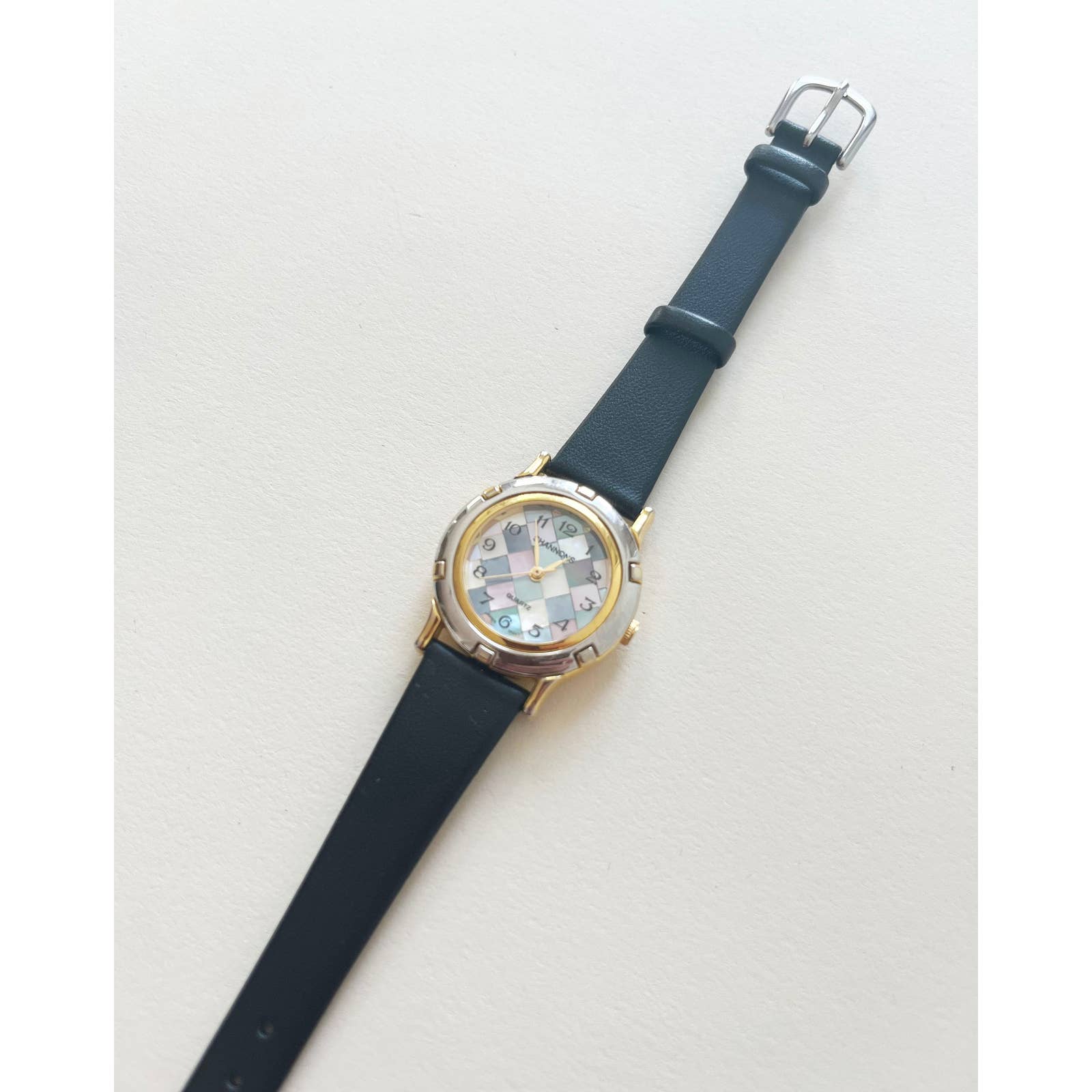 Vintage Colorful Checkered Leather Watch with Gold and Silver