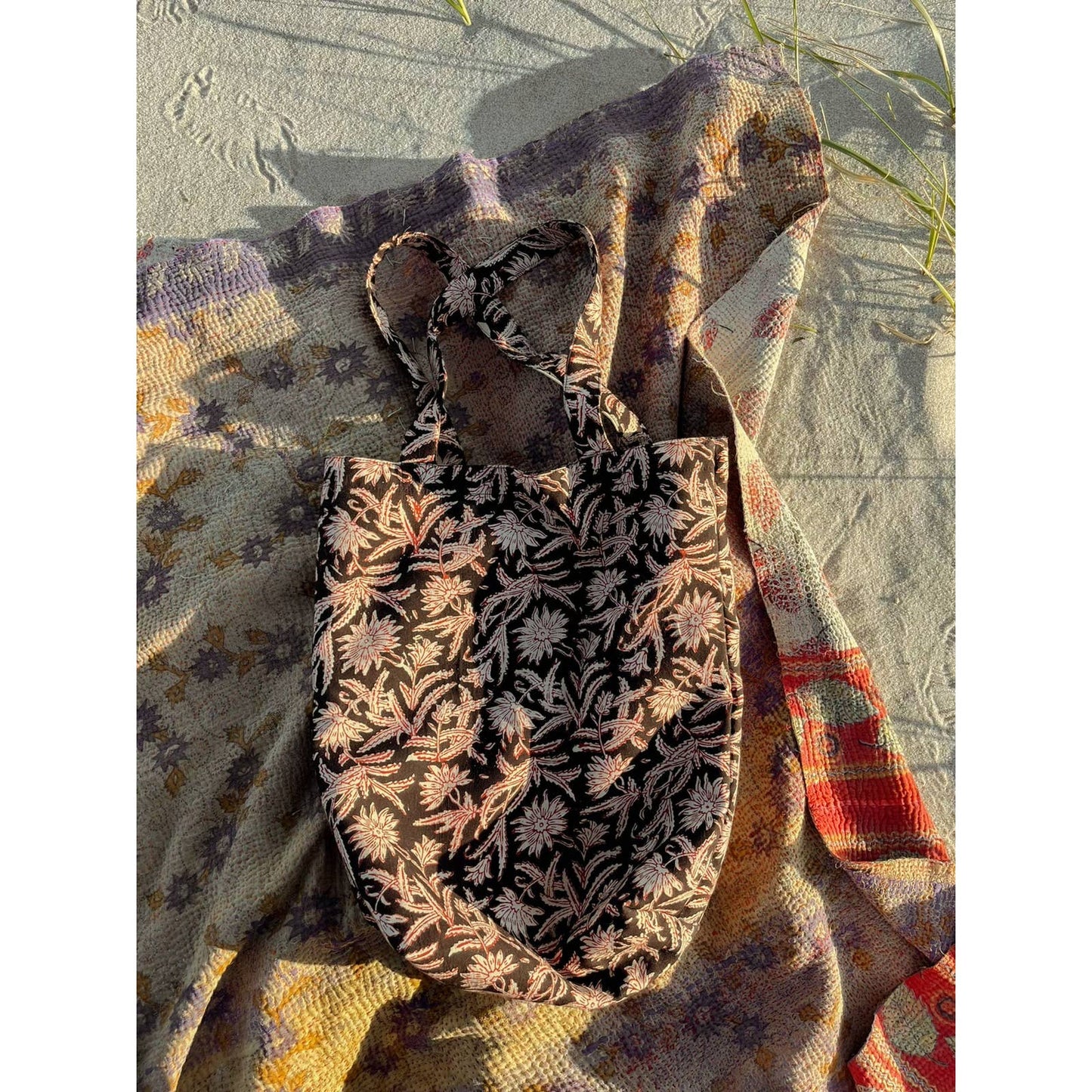 Black Floral Boho Print Tote Bag