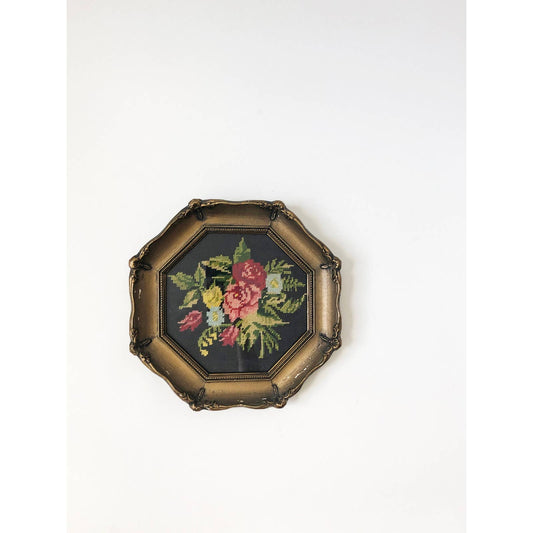 Vintage Octagon Framed Floral Needlepoint