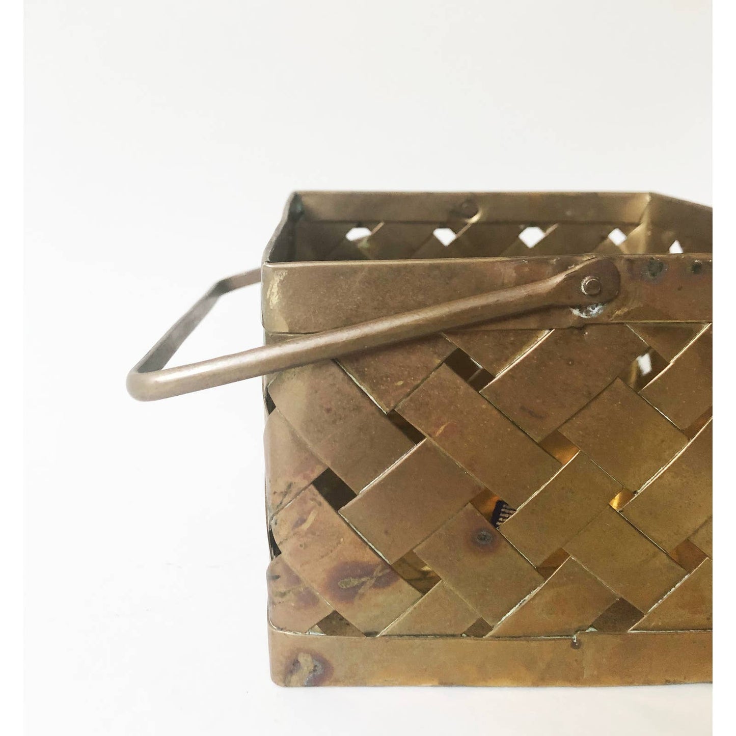 Vintage Decorative Small Woven Brass Basket Decor Storage