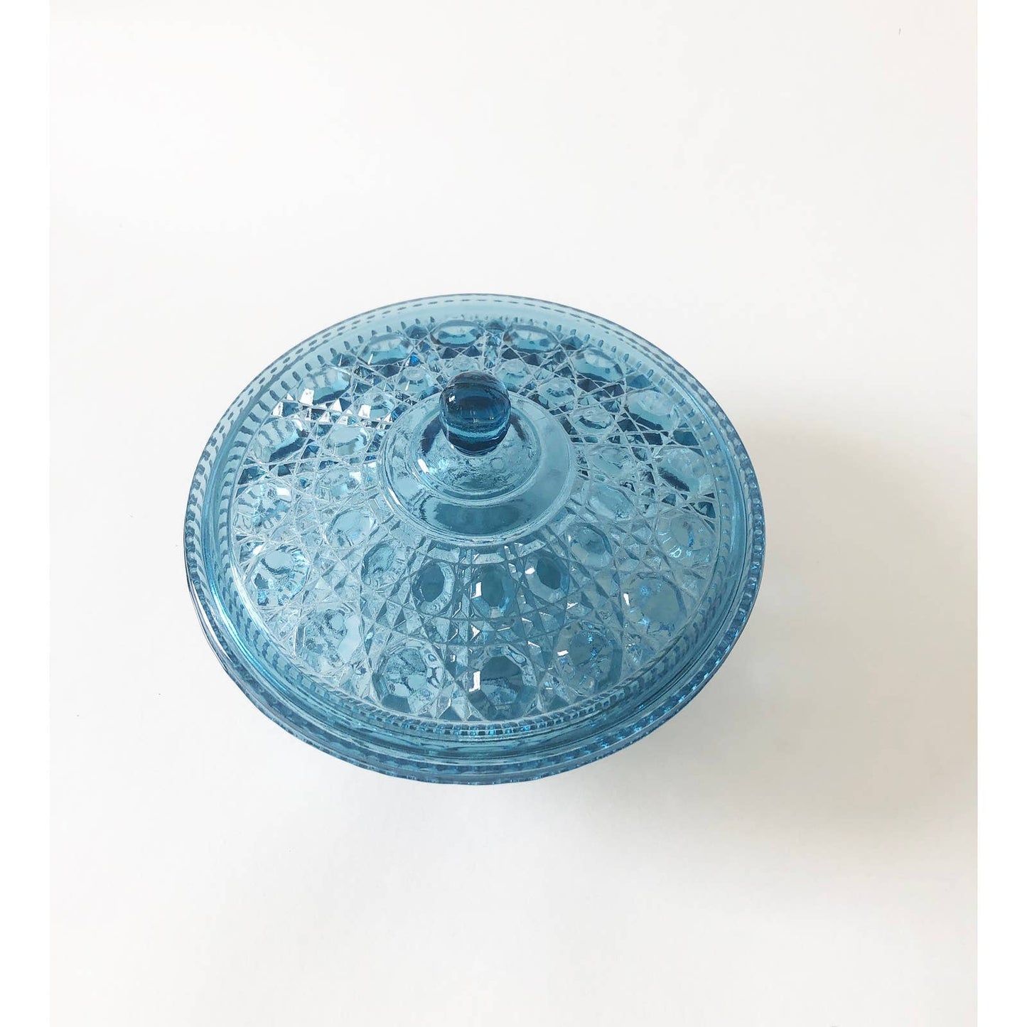 Vintage Light Blue Pressed Glass Catchall Bowl with Lid