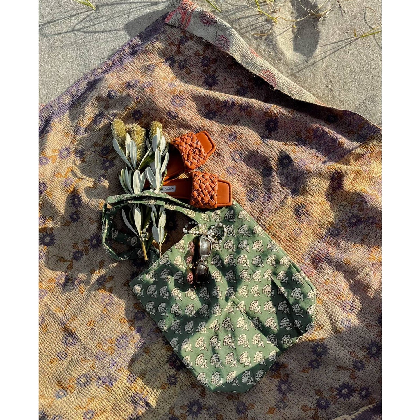 Green Flower Boho Print Tote Bag