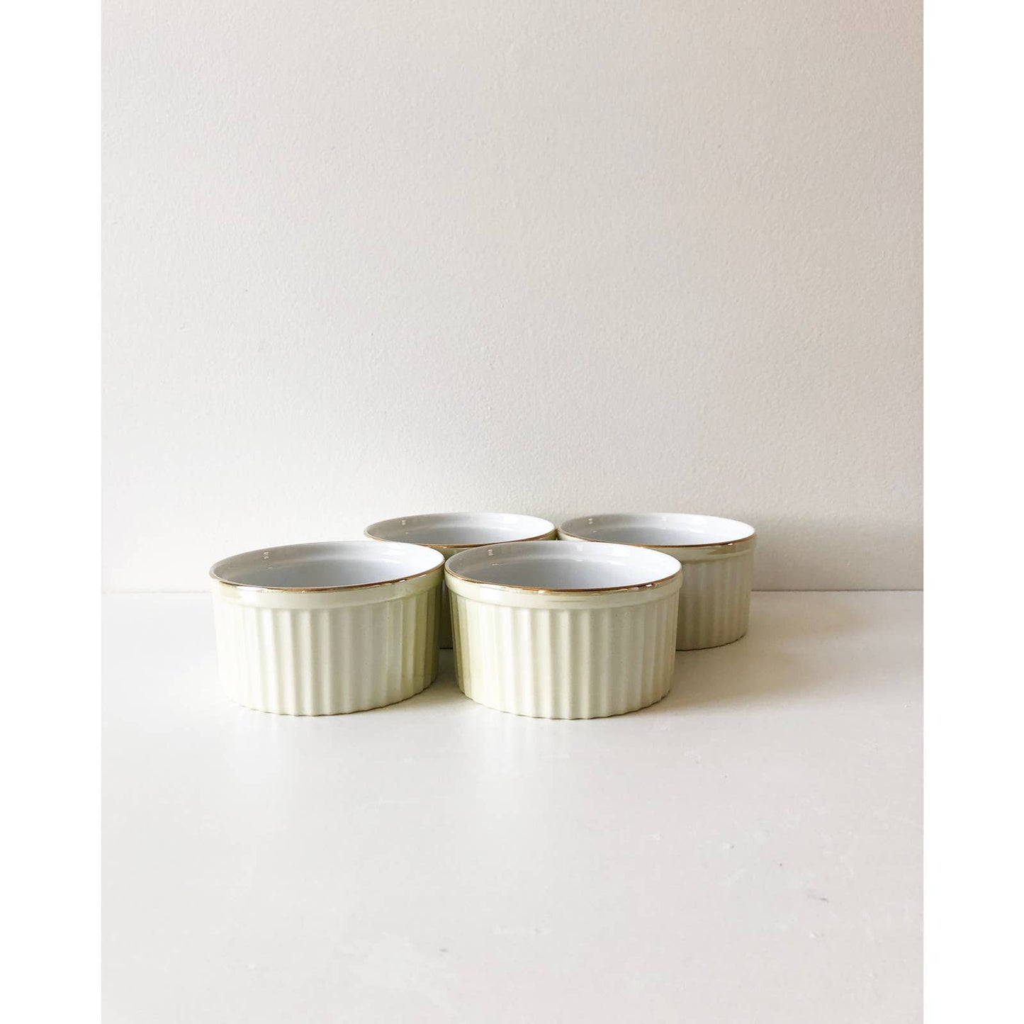 Four French Vintage White Cream Porcelain Ribbed Custard Cups | Metallic and Gold Desert Cups | Japanese Ceramics | William Sonoma