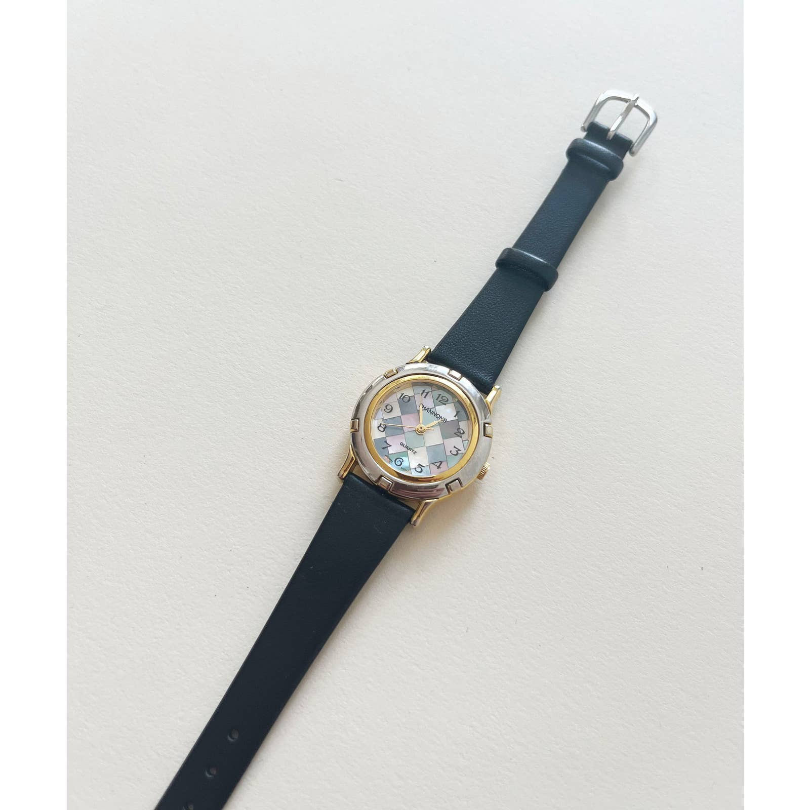 Vintage Colorful Checkered Leather Watch with Gold and Silver