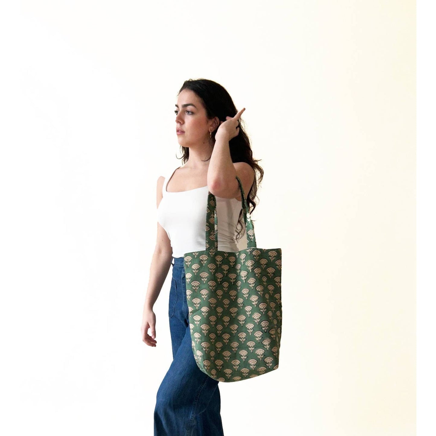 Green Flower Boho Print Tote Bag