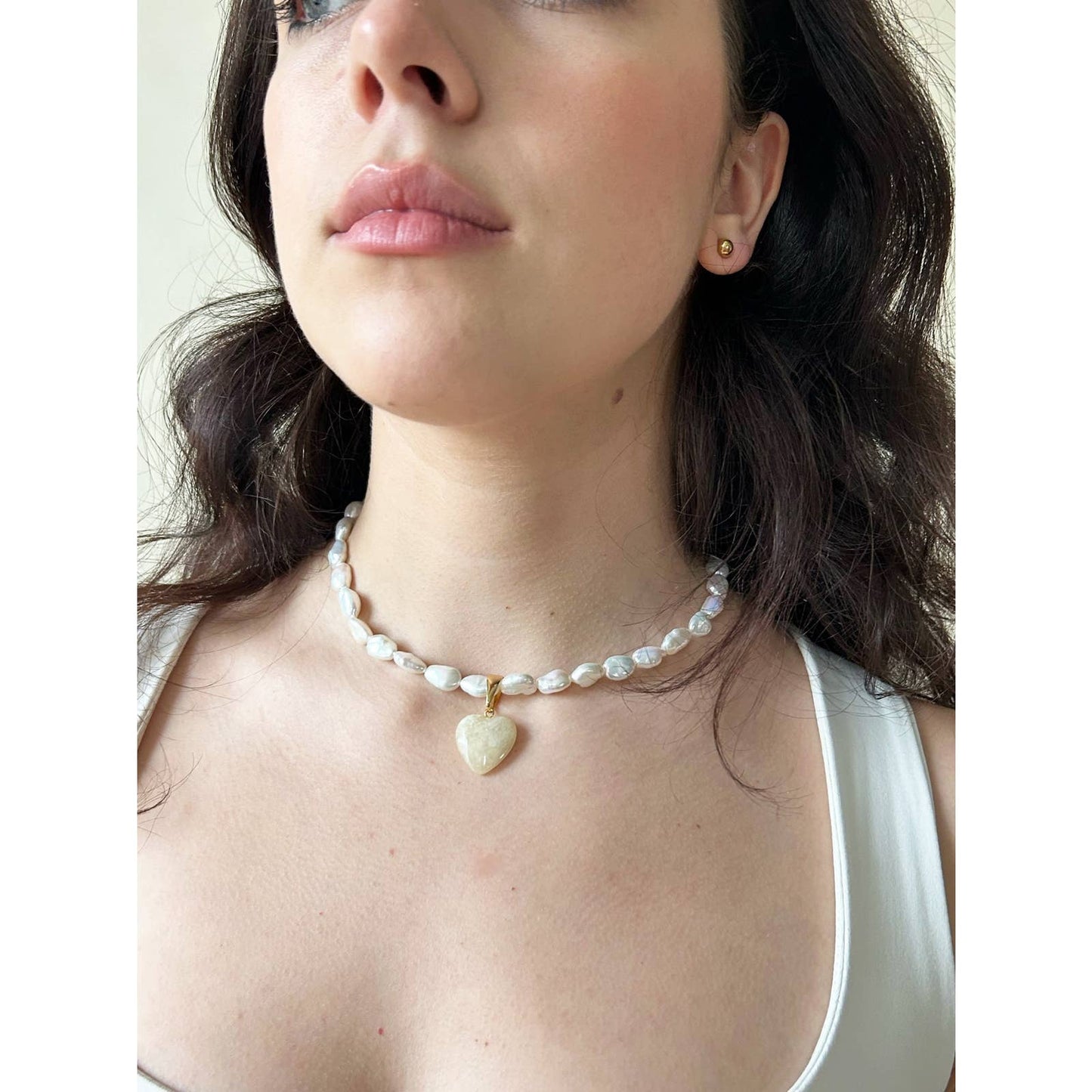 Handmade Large Freshwater Pearl Stone Heart Charm Necklace