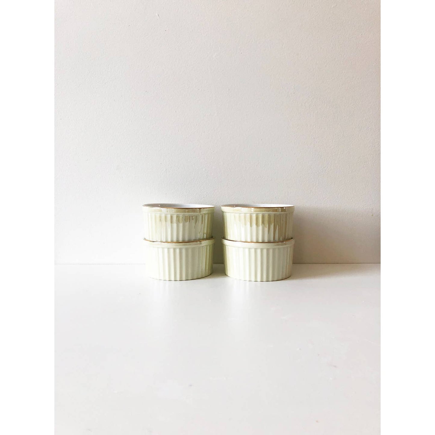 Four French Vintage White Cream Porcelain Ribbed Custard Cups | Metallic and Gold Desert Cups | Japanese Ceramics | William Sonoma