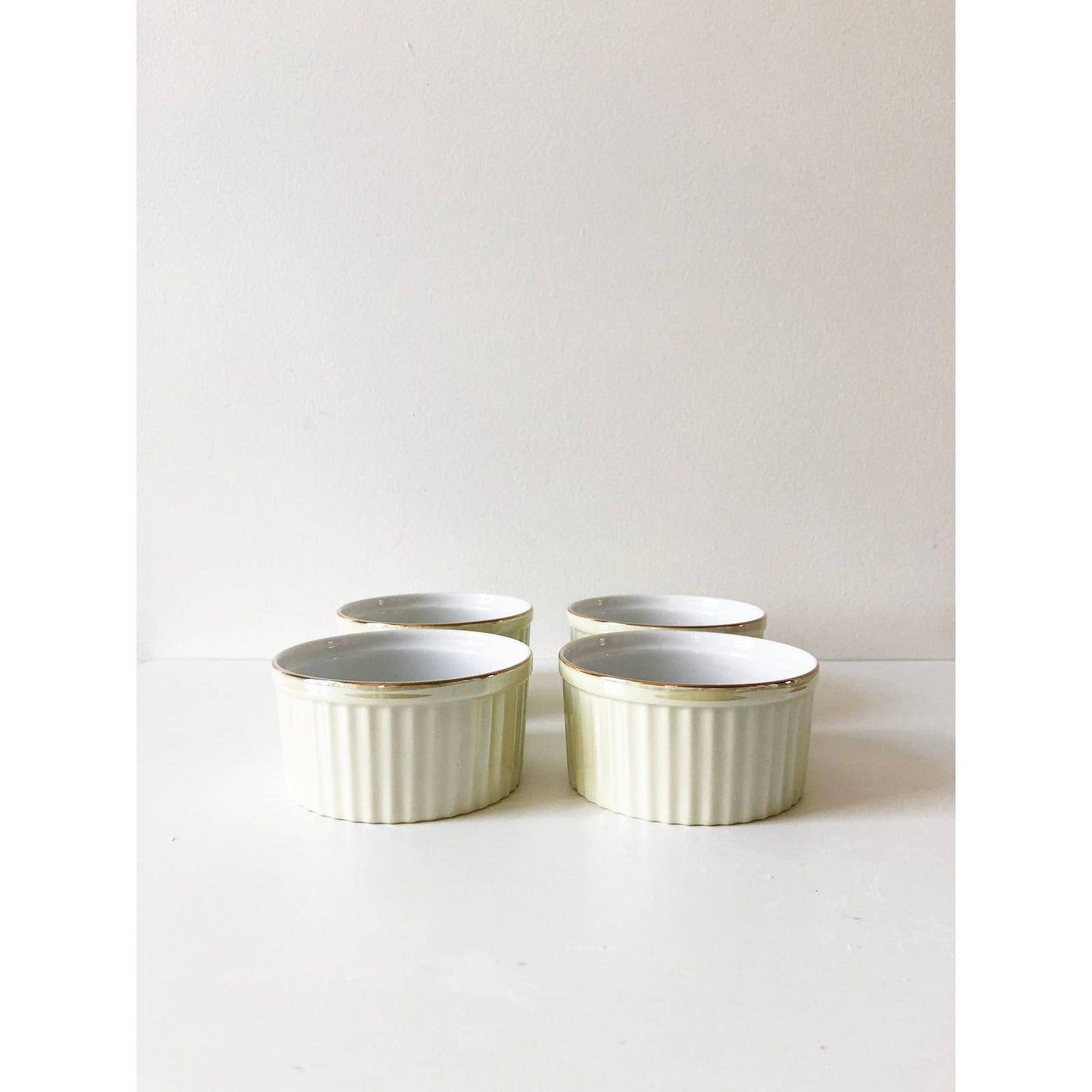 Four French Vintage White Cream Porcelain Ribbed Custard Cups | Metallic and Gold Desert Cups | Japanese Ceramics | William Sonoma