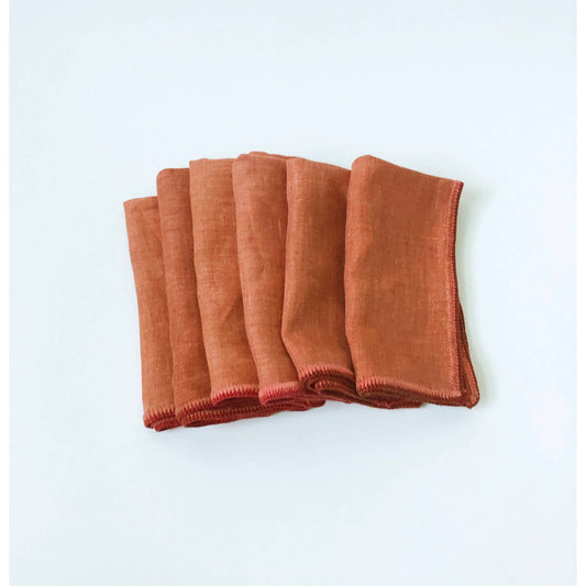 Vintage Linen Orange Red Edge Stitched Napkins - Set of 6