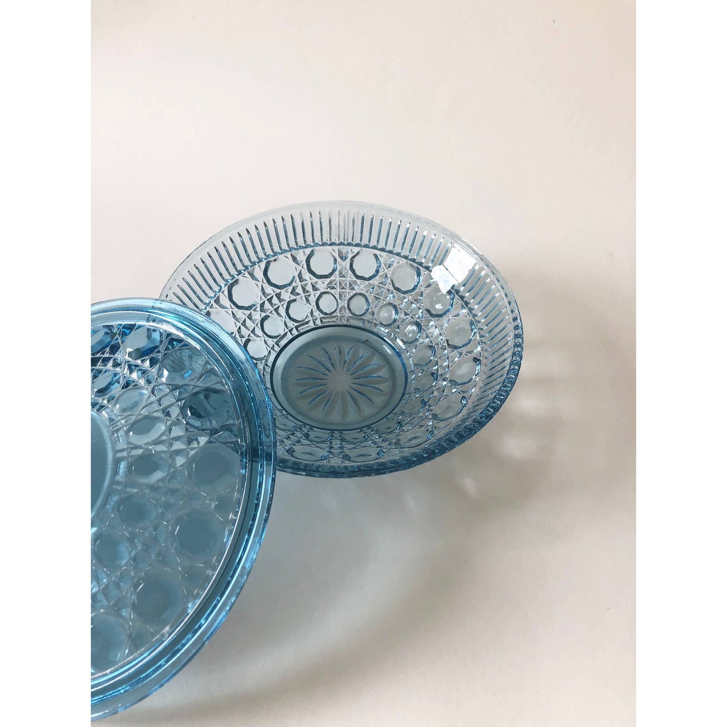 Vintage Light Blue Pressed Glass Catchall Bowl with Lid