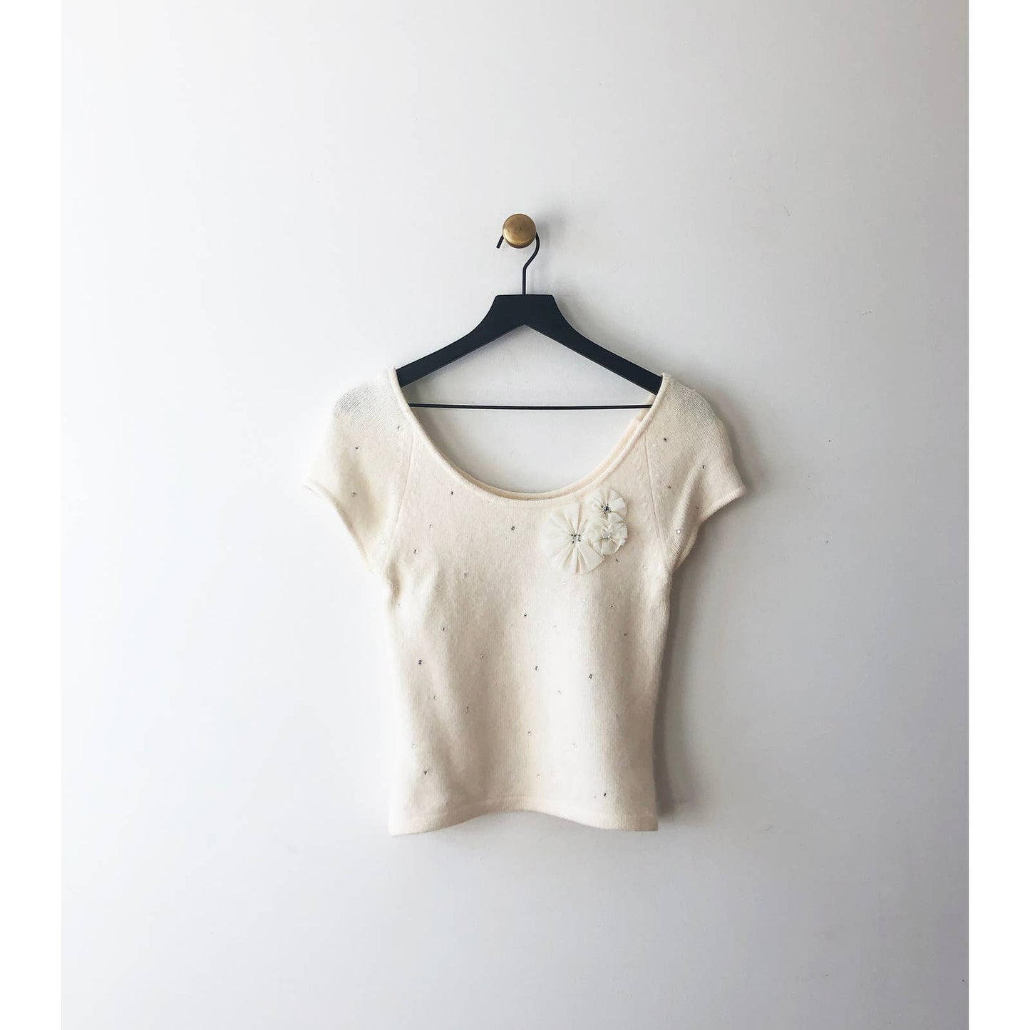 Vintage Angora White Y2K Sweater Top with Flowers