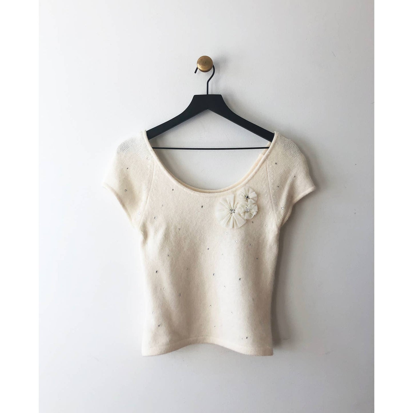 Vintage Angora White Y2K Sweater Top with Flowers
