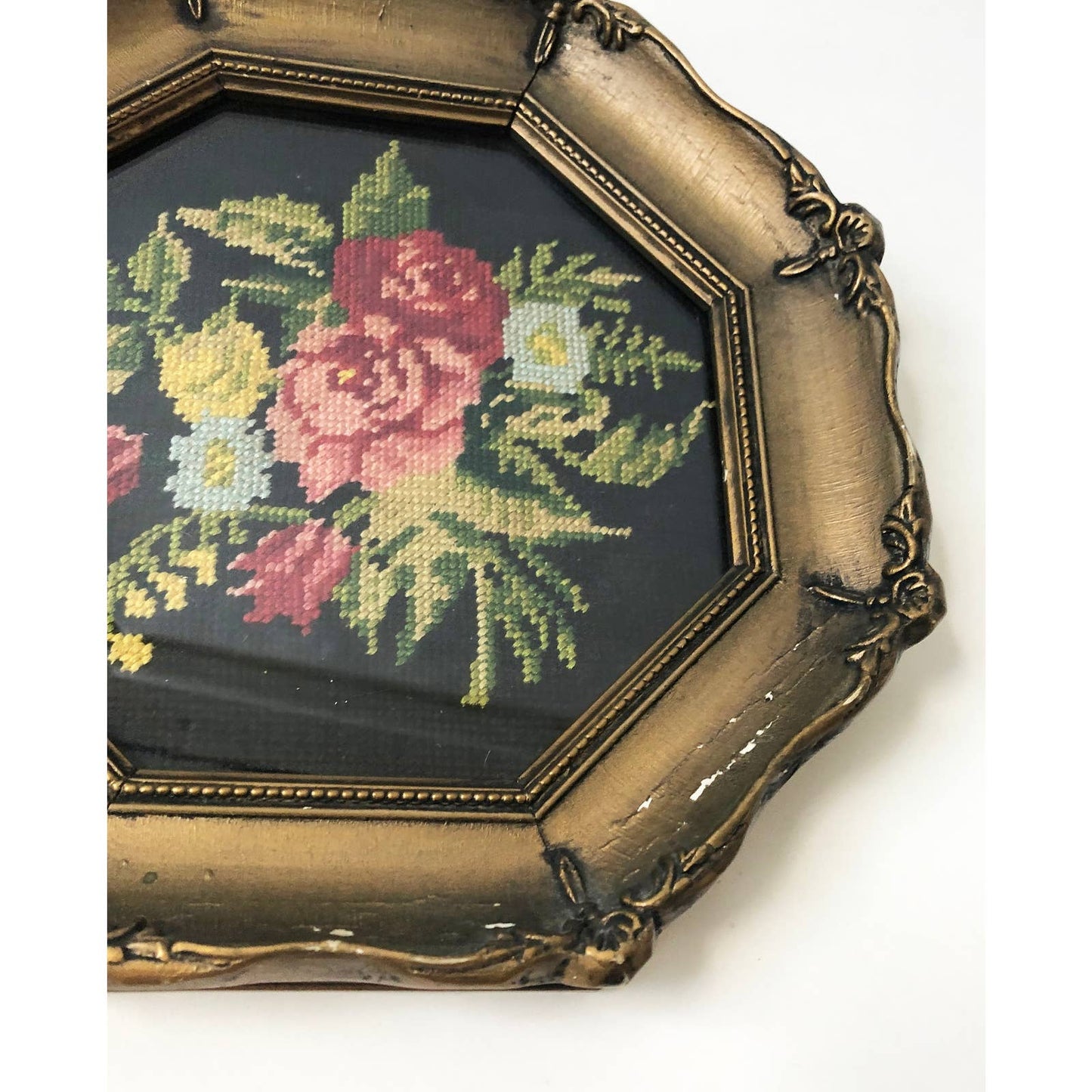 Vintage Octagon Framed Floral Needlepoint